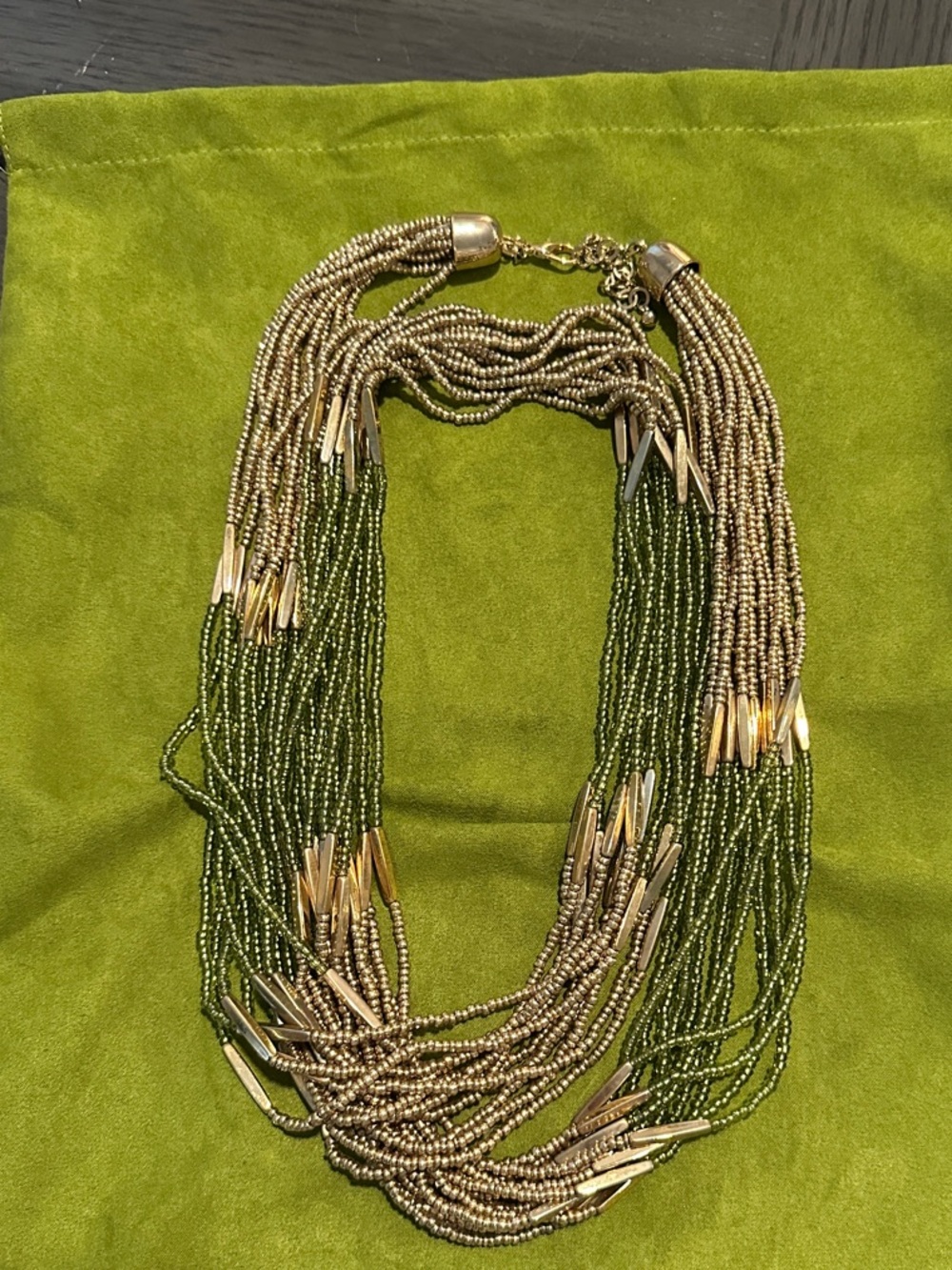 Multistrand Olive Green and Gold Beaded Statement Necklace - Brand Unspecified